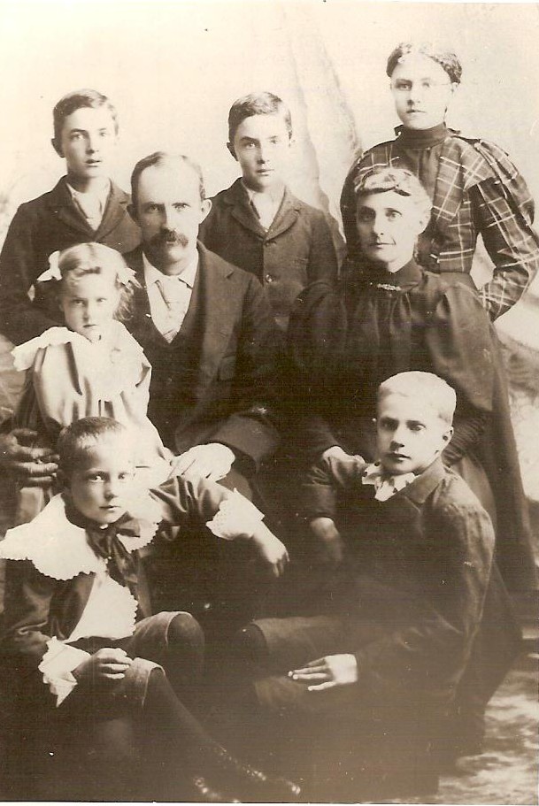 Family of George and Josephine Leatherberry: Front Row - Elmer Nathaniel, Joseph Roy; Middle Row - Myrna Anise (married name Baughman), George M., Josephine Whiteleather; Back Row - Frank Evertt, John Embert, Nora Elmira (married name Miller) - Circa 1896 - (Picture from the files of Dean J. Leatherberry)